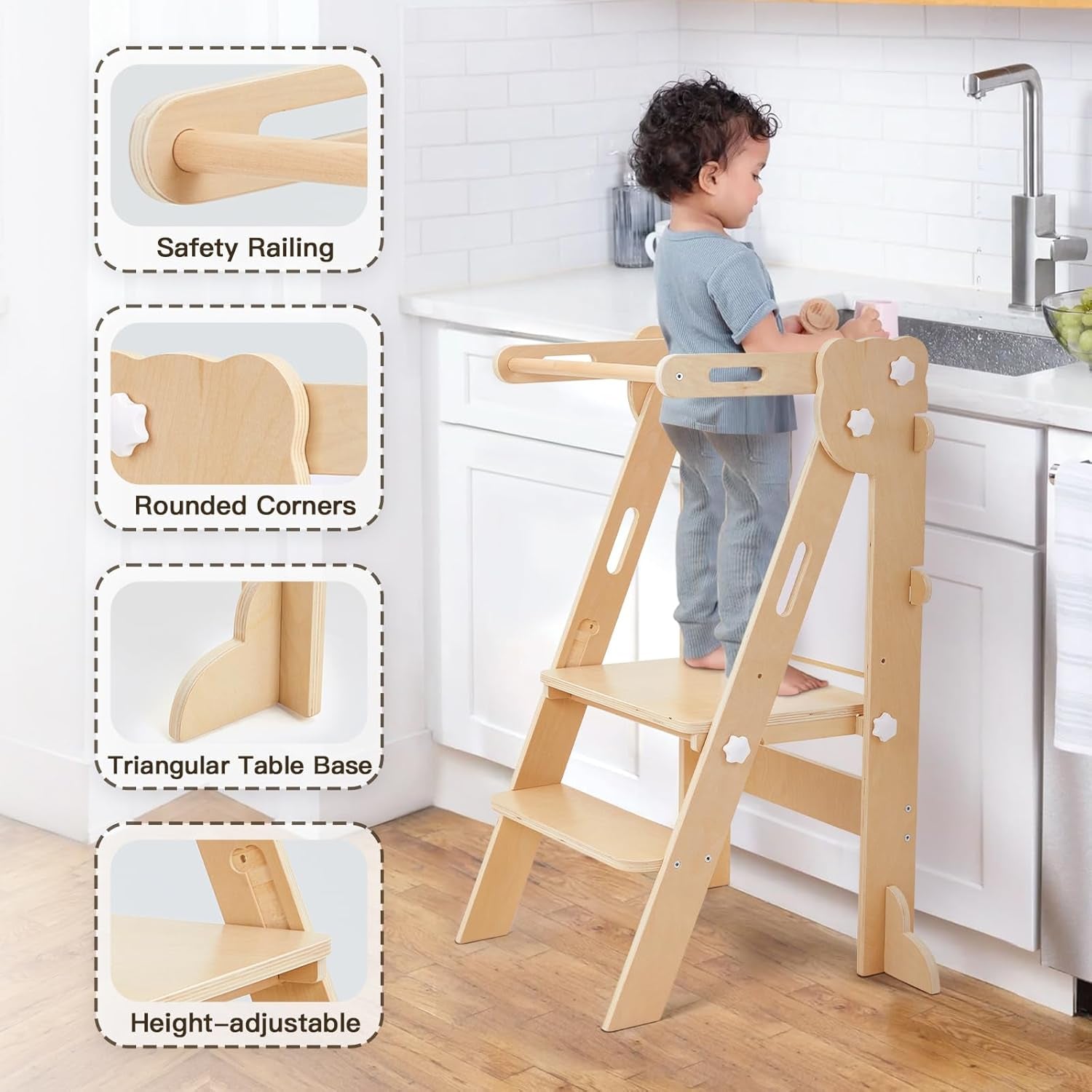 Labebe Klappbar Lernturm Für Kinder, Montessori Learning Tower Mit Zweiseitige Tafel, 3 in 1 Einstellbare Höhe Und Breite Lerntower, Multifunktion Lernturm Ab 1 Jahr Für Küche(Holz)