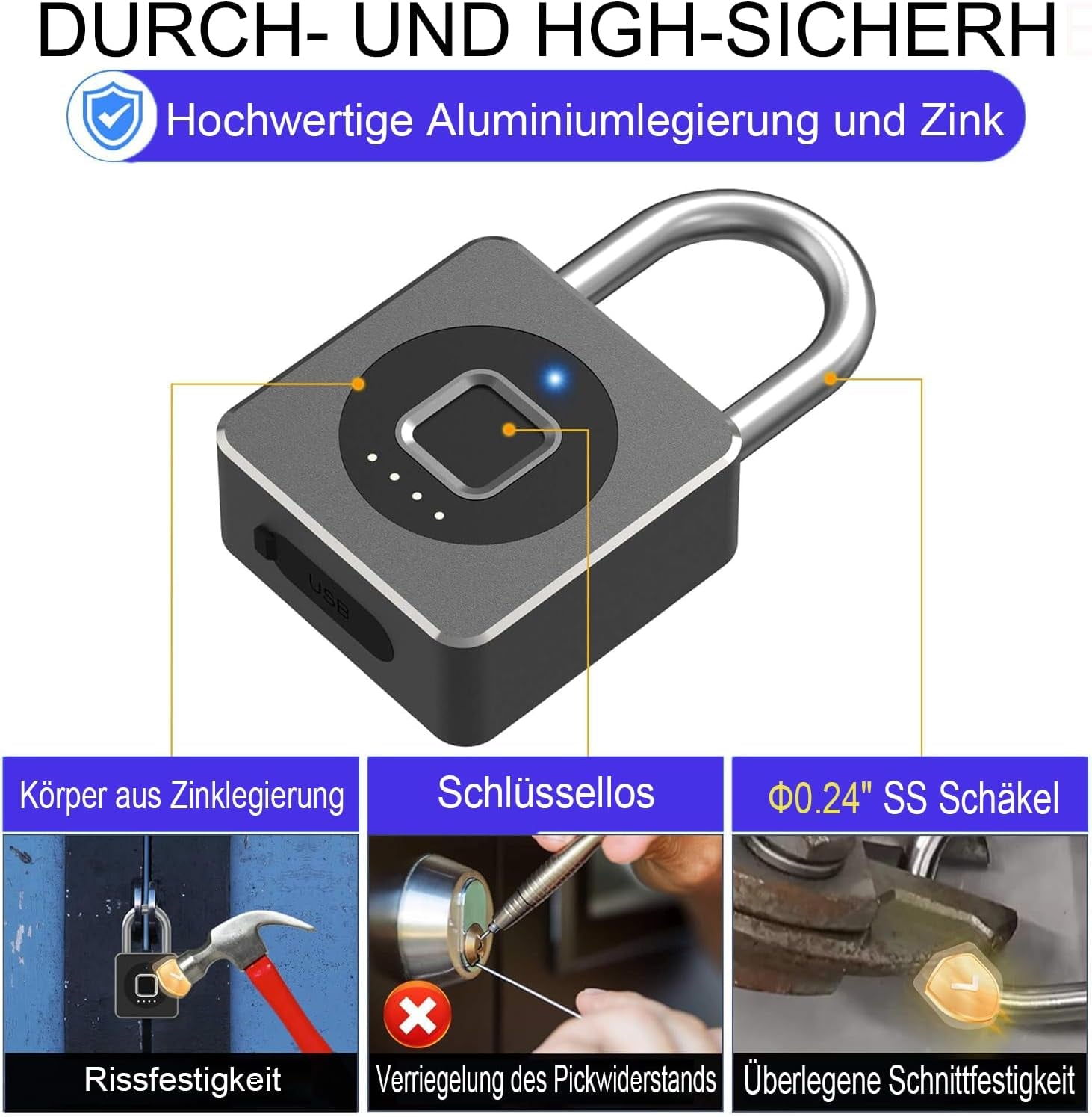 Vorhängeschloss Fingerabdruck,  Spindschloss, Schloss Mit Fingerabdruck Und APP, 43MM Vorhängeschloss Wetterfest Mit 6MM Dicker Schäkel Für Gym Spinde Koffer, Keller, Schule - Schwarz