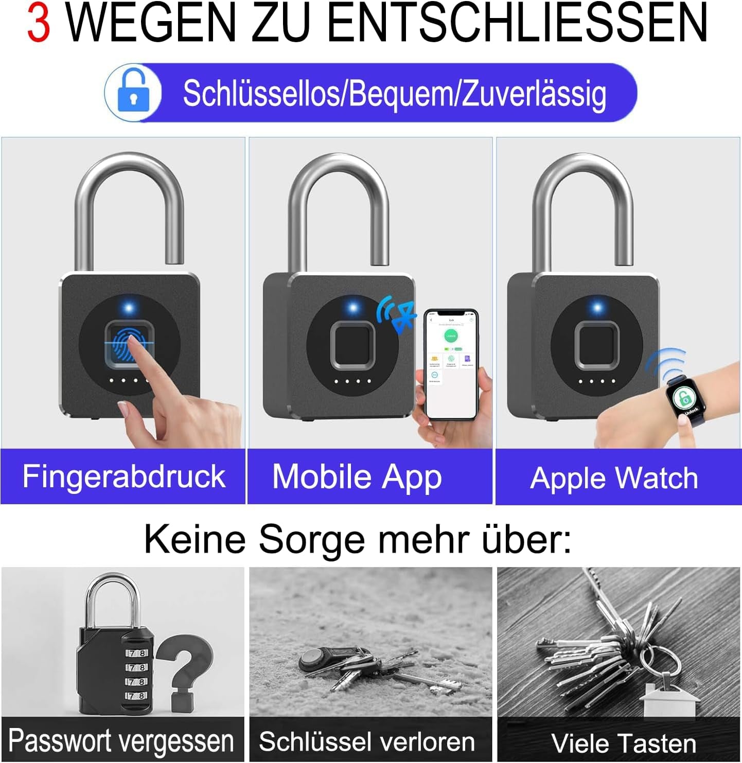 Vorhängeschloss Fingerabdruck,  Spindschloss, Schloss Mit Fingerabdruck Und APP, 43MM Vorhängeschloss Wetterfest Mit 6MM Dicker Schäkel Für Gym Spinde Koffer, Keller, Schule - Schwarz