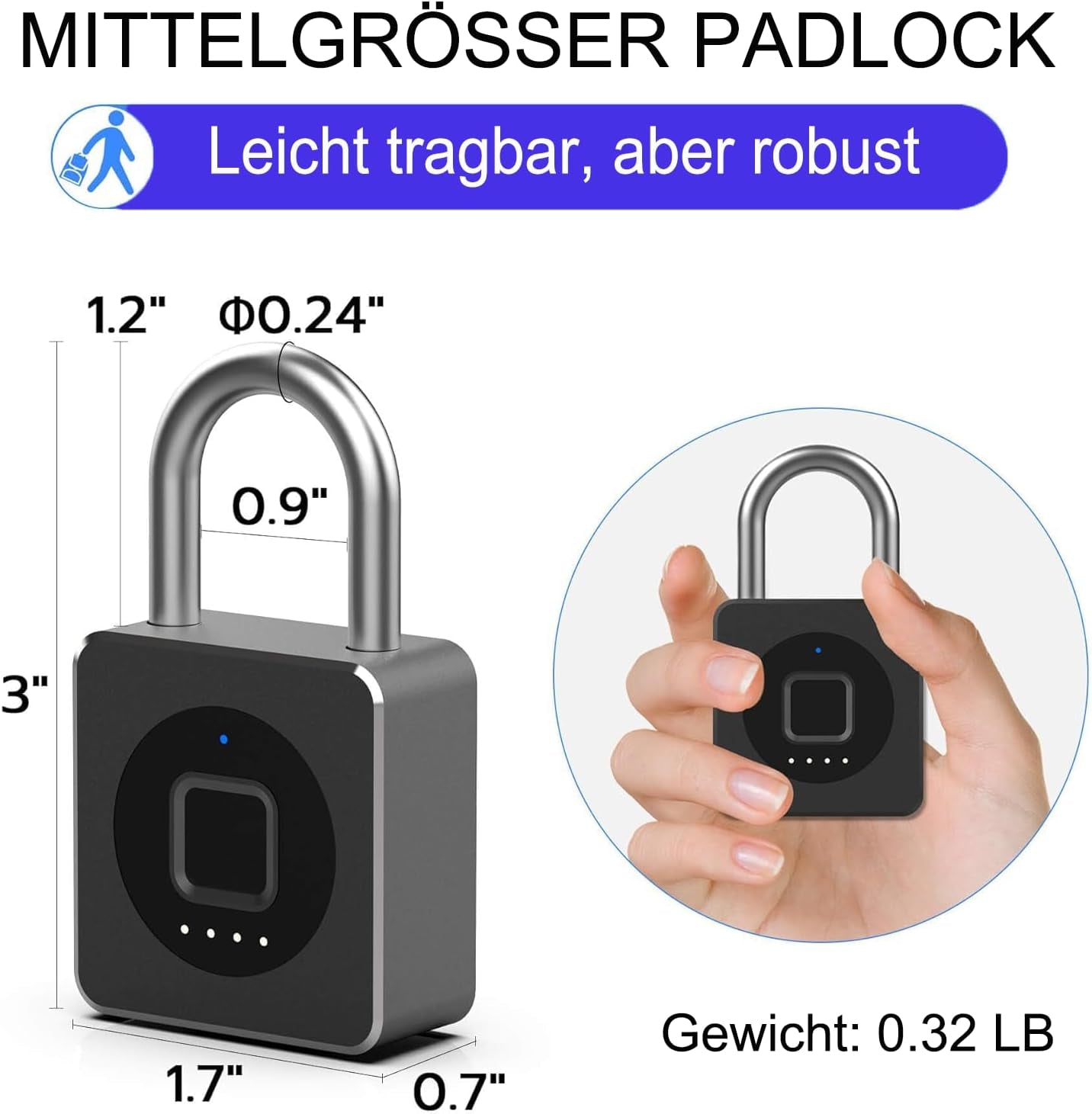 Vorhängeschloss Fingerabdruck,  Spindschloss, Schloss Mit Fingerabdruck Und APP, 43MM Vorhängeschloss Wetterfest Mit 6MM Dicker Schäkel Für Gym Spinde Koffer, Keller, Schule - Schwarz