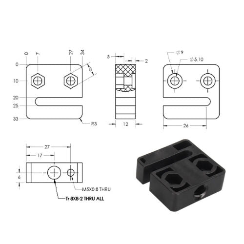 T8 Anti Backlash Nut Block (Lead 2mm / 4mm / 8mm) für 3D Drucker und CNC Fräsen – Ansicht 3